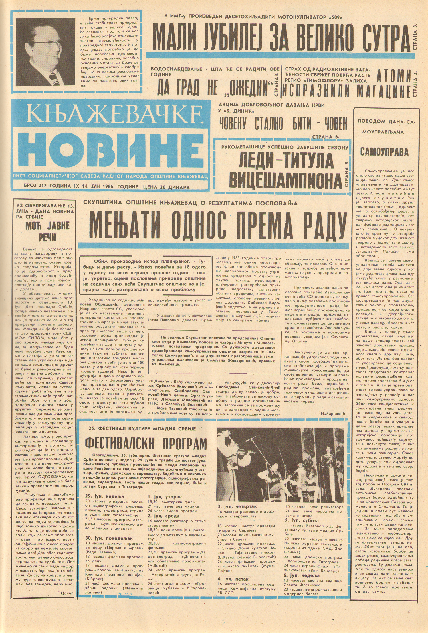 Књажевачке новине, број 217, година 1986